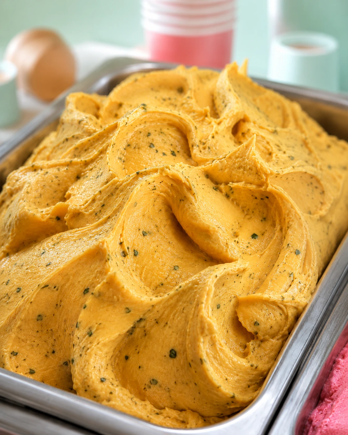 Gelato de tangerina com folhas frescas de manjericão